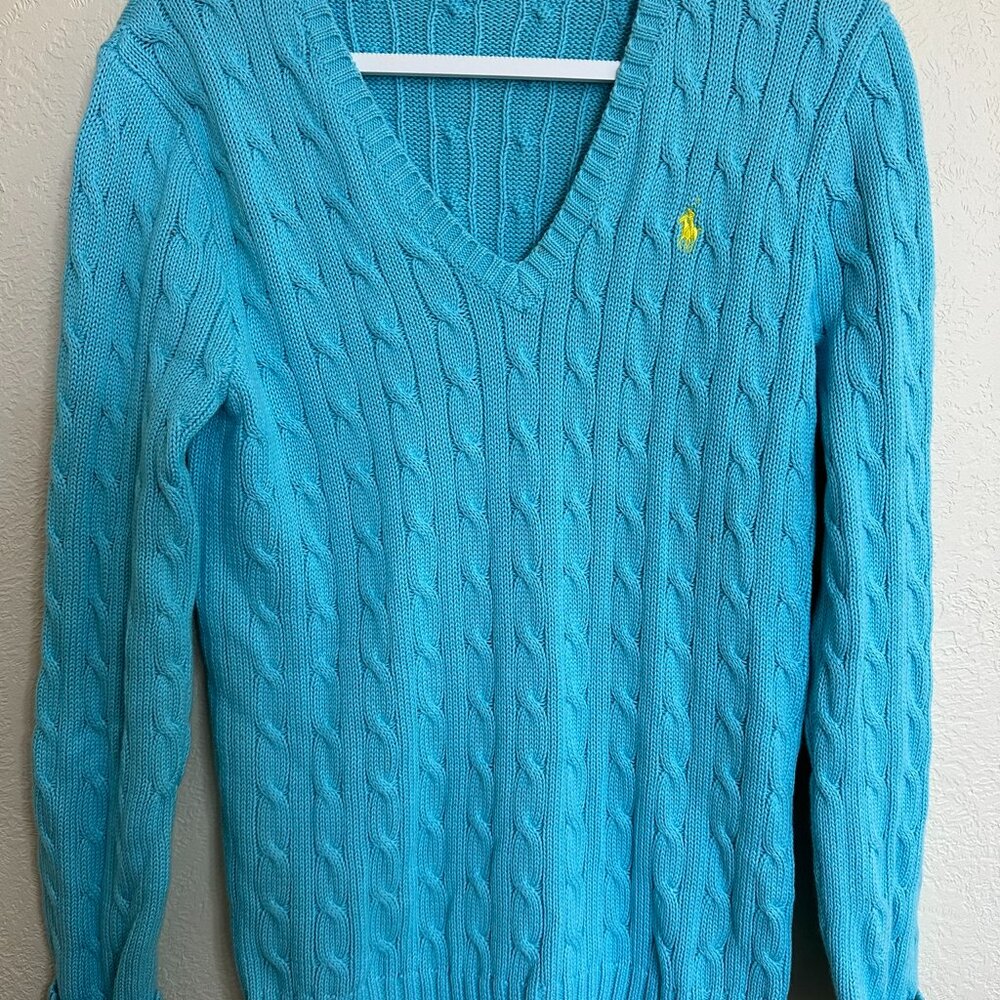 Ralph Lauren V-Neck Cable Knit Sweater, Deep Aqua Blue, Size M
